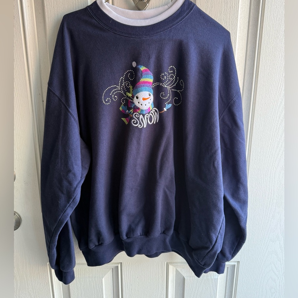 Festive Navy Crewneck Sweater with Snowman Design